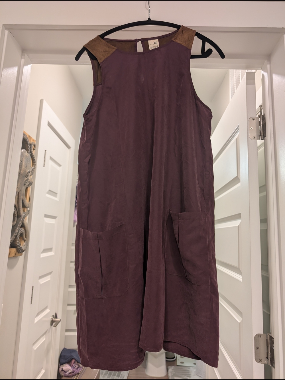 NWT L Sleeveless Purple & BROWN Shift Dress with POCKETS